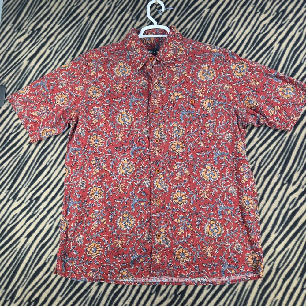 Orvis Mens Hemp Blend Short Sleeve Button Down Shirt Red Paisley Floral Medium
